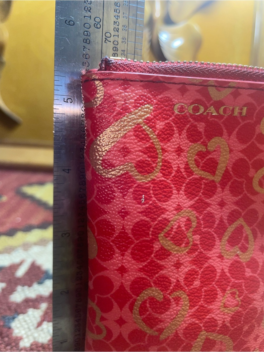 Vintage Coach Pink-Red Gold Heart Print Mini Wristlet with Gold Accents - Picture 10 of 10